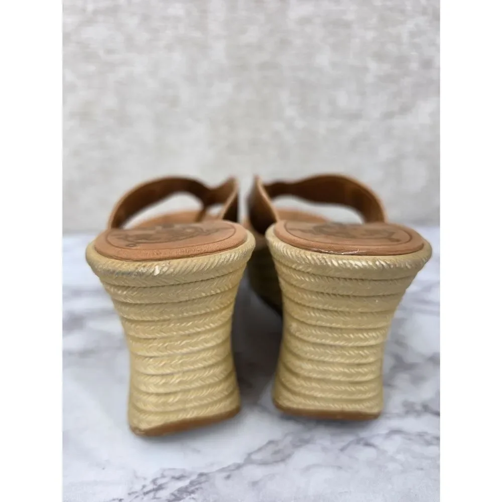 Y2K Vintage Wedge Platform Thong Sandals in Tan Leather Sttraps